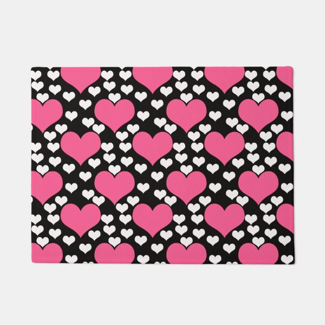 Paillasson Motif de Coeurs d'Amour Rose Noir Blanc (Devant)