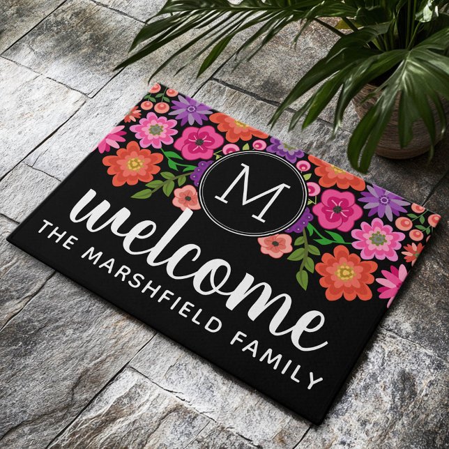 Paillasson Motif floral noir tendance avec Monogramme personn (Custom Welcome Mat)