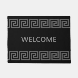 Paillasson Motif Grec Élégant Gris Argent sur Bienvenue Noir
