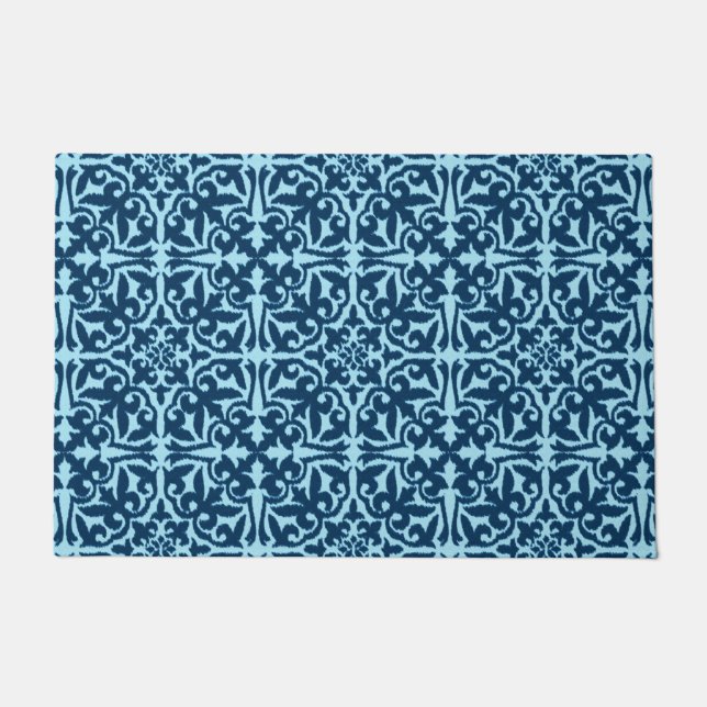 Paillasson Motif Ikat Damask, Indigo foncé et bleu clair (Devant)