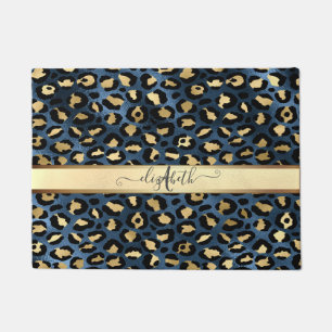 Paillasson Motif léopard bleu or monogramme