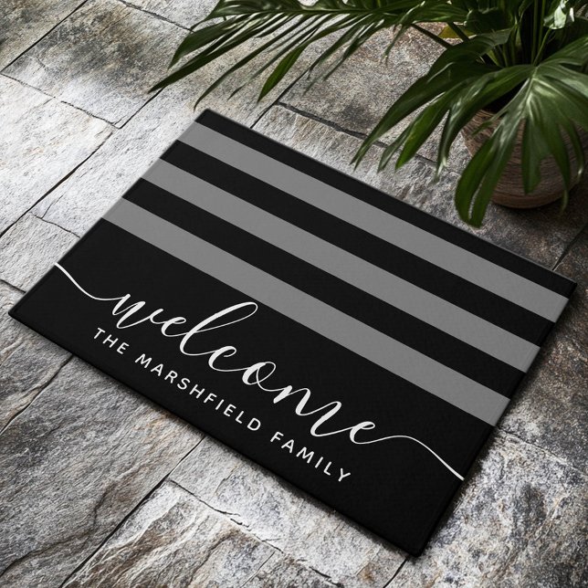 Paillasson Motif moderne rayé Accueil Famille Black Grey (Custom Welcome Doormat)