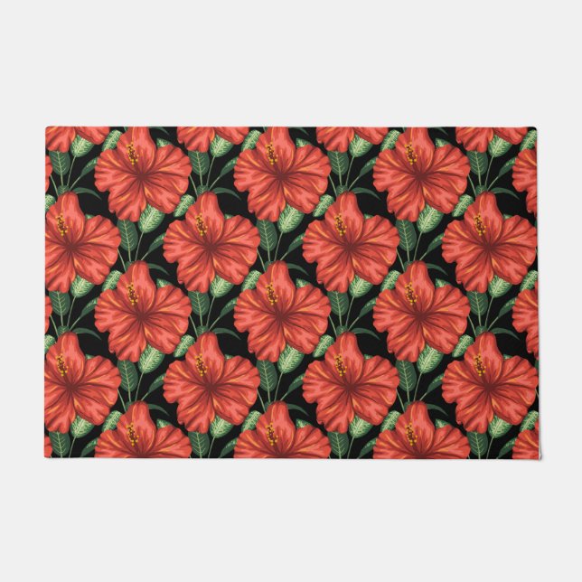 Paillasson Motif sans couture Fleurs rouges tropicales feuill (Devant)