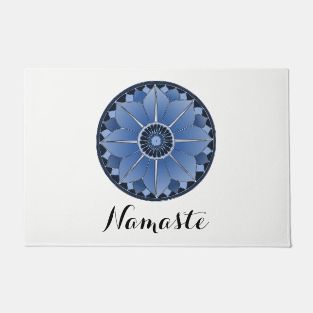 Paillasson NAMASTE Bleu Fleur Spirituelle Lotus Mandala Blanc (Devant)