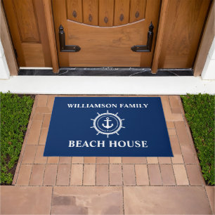 Paillasson Nautical Beach House Nom de famille Ancre Helm Blu