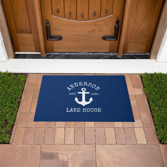 Paillasson Nautical Lake House Nom de famille Ancre Marine Bl (De plein air)
