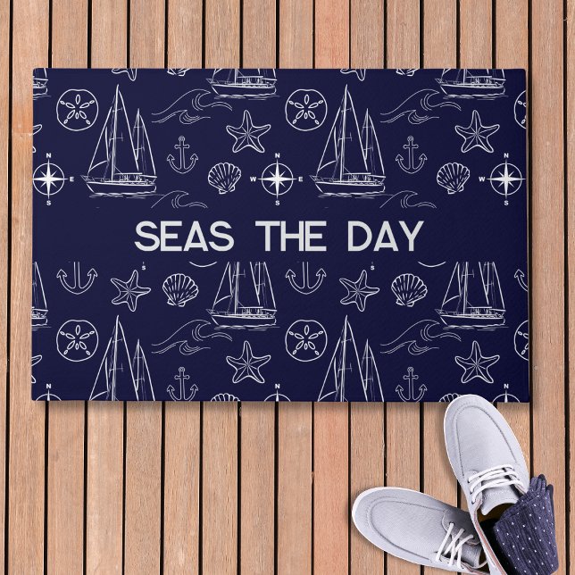 Paillasson Nautical Navy Blue Sailboat Pattern Name  (Créateur téléchargé)