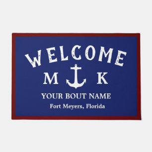 Paillasson Nautical Navy Blue Welcome Aboard Nom du bateau An