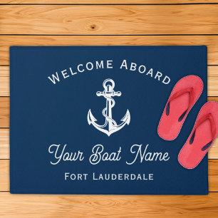 Paillasson Nautical Navy Blue Welcome Aboard Nom du bateau An