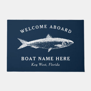 Paillasson Nautical Navy Blue Welcome Aboard Nom du bateau Po
