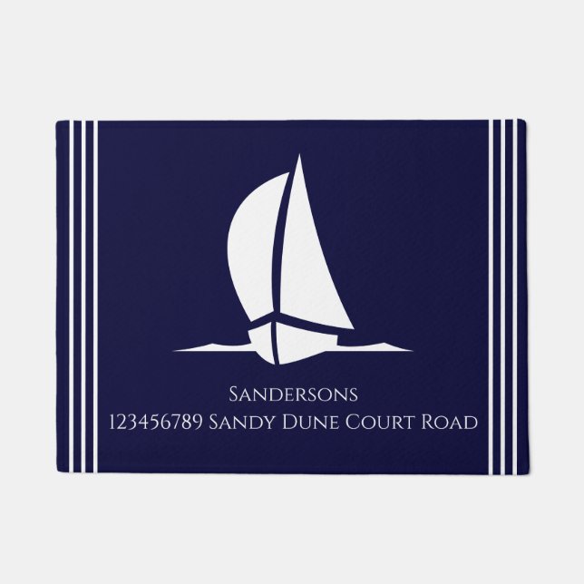 Paillasson Nautical White Sailboat Navy blue Coastal Monogram (Devant)
