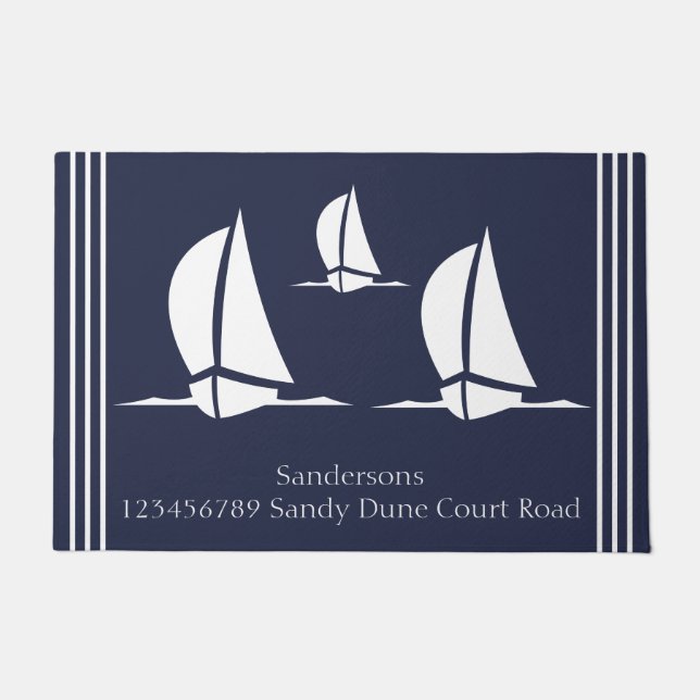 Paillasson Nautical White Sailboat Navy blue Coastal Monogram (Devant)