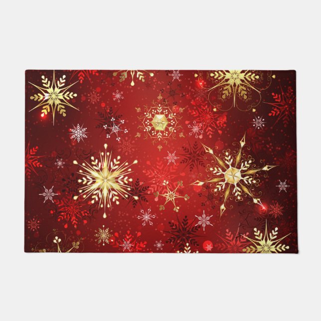 Paillasson Noël Golden Snowflakes sur Arrière - plan rouge (Devant)