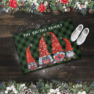 Paillasson Noël Nordique Famille Gnomes Vert Plaid