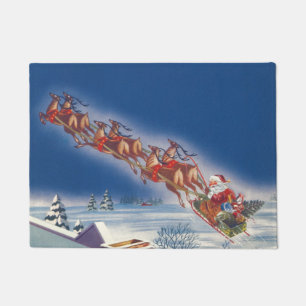 Paillasson Noël Vintage, Père Noël Flying Sleigh w Reindeer