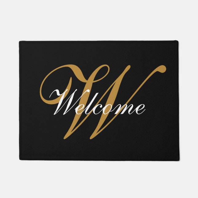 Paillasson noir et or monogrammé de bienvenue (Devant)