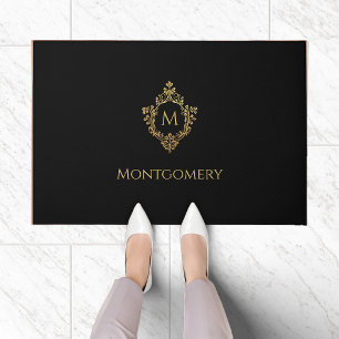 Paillasson Noir Faux Gold Crest Nom du monogramme Vintage