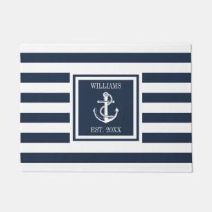 Paillasson Nom de famille Ancre nautique Marine Bleu Stripe