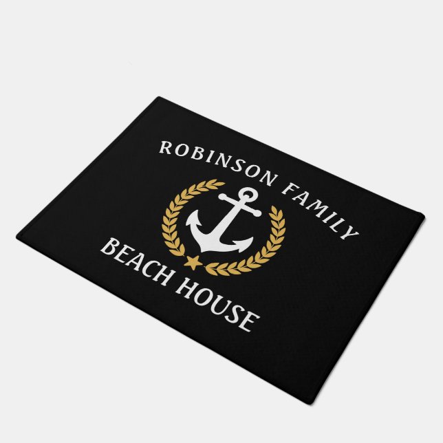 Paillasson Nom de famille Beach House Ancre Gold Laurel Star (Incliné)
