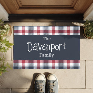Paillasson Nom de famille blanc et bleu Tartan