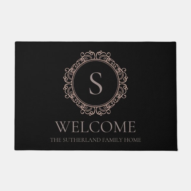 Paillasson Nom de famille élégant Monogram Black Welcome (Devant)