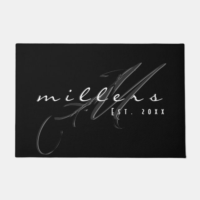 Paillasson Nom de famille et monogramme personnalisés en noir (Devant)