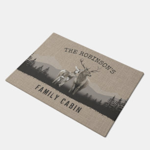 Paillasson Nom de la famille Cabine Deer Pine Tree Forest Bur