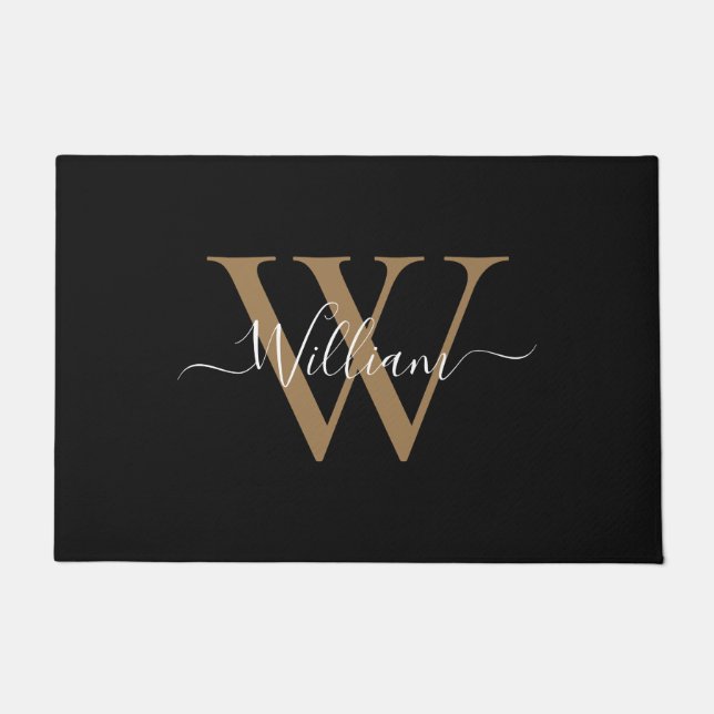 Paillasson Nom de script monogrammé or noir moderne (Devant)