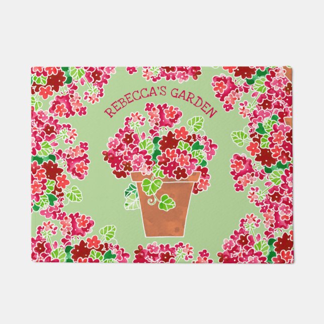 Paillasson Nom décoré d'un monogramme floral de géraniums (Devant)