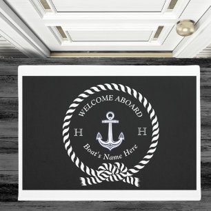 Paillasson Nom du bateau nautique Ancre corde Noir Blanc Bien