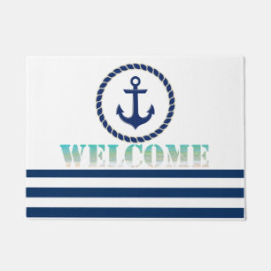 Paillasson Nom du bateau nautique, Ancre Marine Bleu rayé