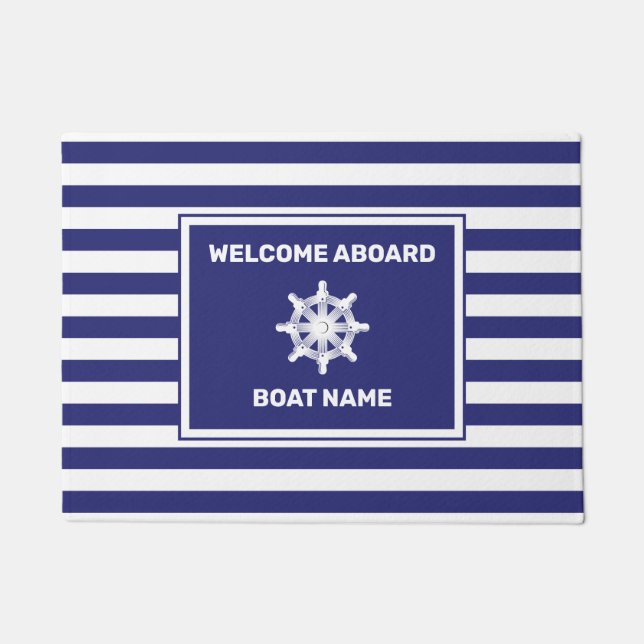 Paillasson Nom du bateau nautique Marine Blue Stried Design D (Devant)