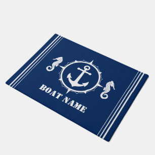 Paillasson Nom du bateau Seahorse Ancre nautique Bleu blanc