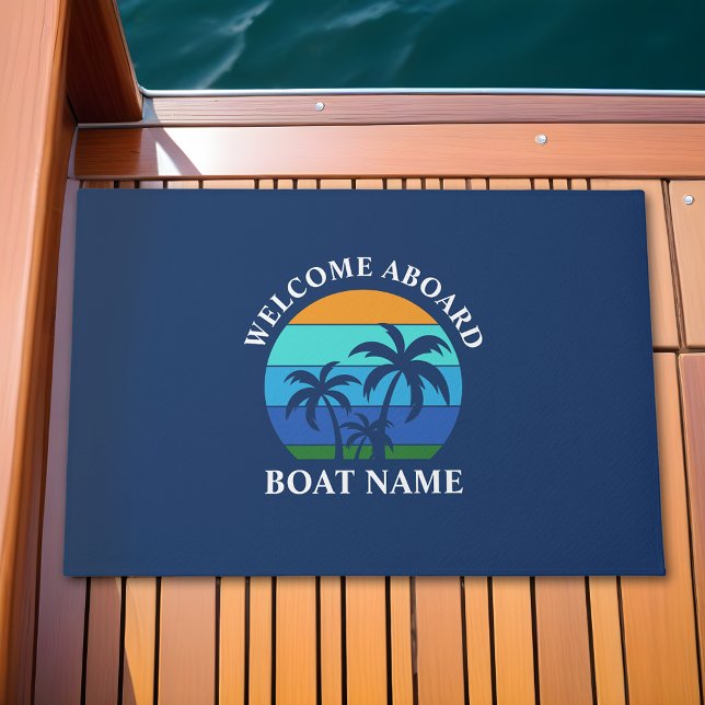 Paillasson Nom du bateau Sun Palm Trees Bienvenue à bord Bleu (Customize to change text size, style or background color.)