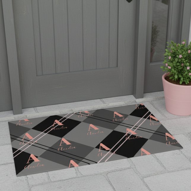 Paillasson Nom du monogramme Plaid Grey Pink (Créateur téléchargé)