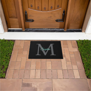 Paillasson Nom du script turquoise, Monogramme gris grand sur