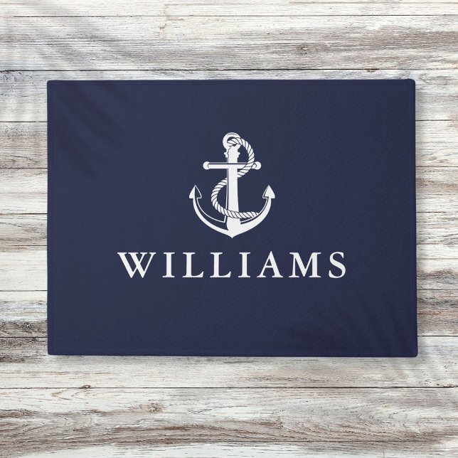 Paillasson Nom personnalisé Ancre marine Bleu marine (Personalized Name Nautical Anchor Navy Blue Doormat)