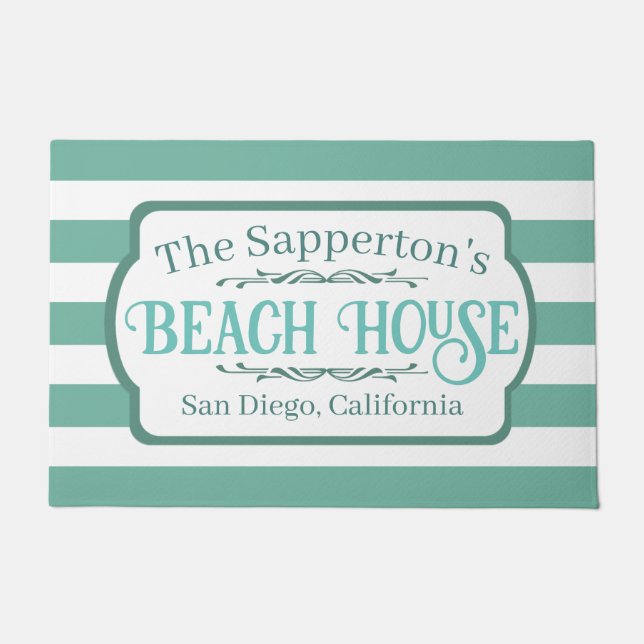 Paillasson Nom personnalisé Beach House Turquoises bandes (Devant)