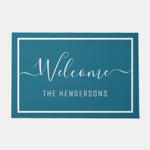 Paillasson Nom personnalisé Elegant Script Welcome Turquoise