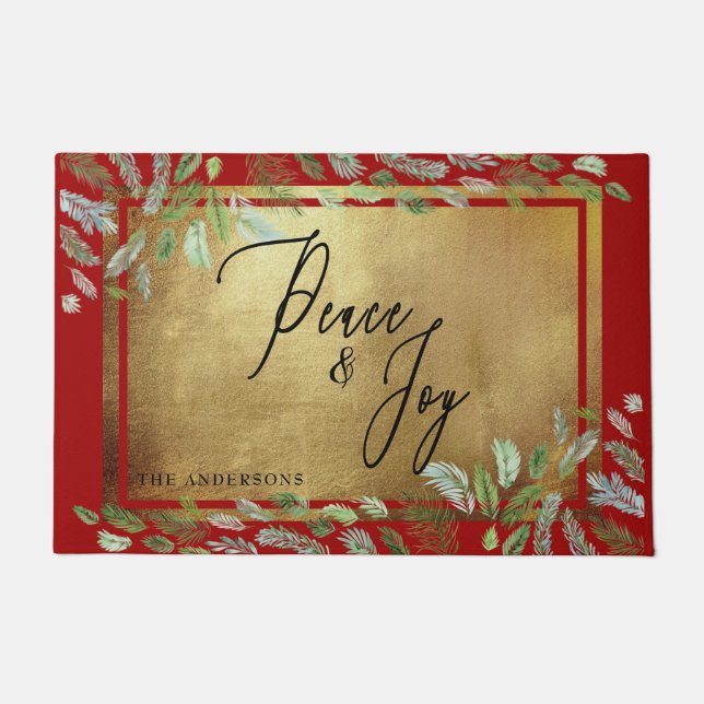Paillasson Nom personnalisé Peace & Joy Gold & Red Christmas (Devant)