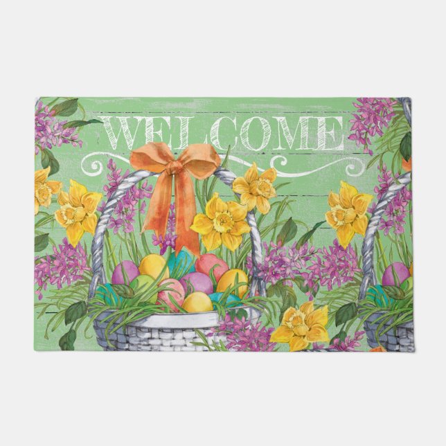 Paillasson Oeufs de Pâques Pâques Panier fleuri violet jaune  (Devant)