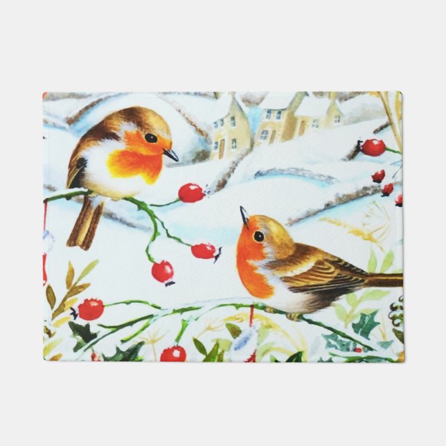 Paillasson Oiseau Robin Couple Winter Holly Noël (Devant)