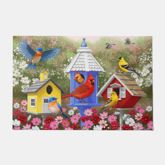 Paillasson Oiseaux colorés et maisons d'oiseaux (Devant)