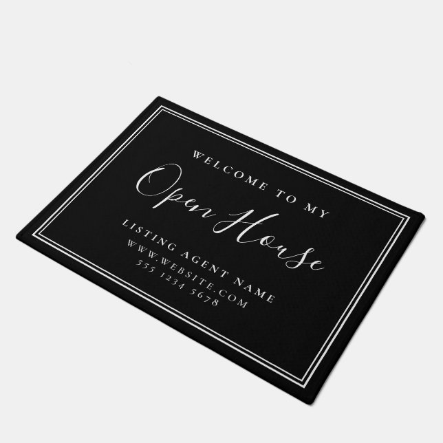 Paillasson Open House Immobilier Noir Élégant Chic Realtor (Incliné)