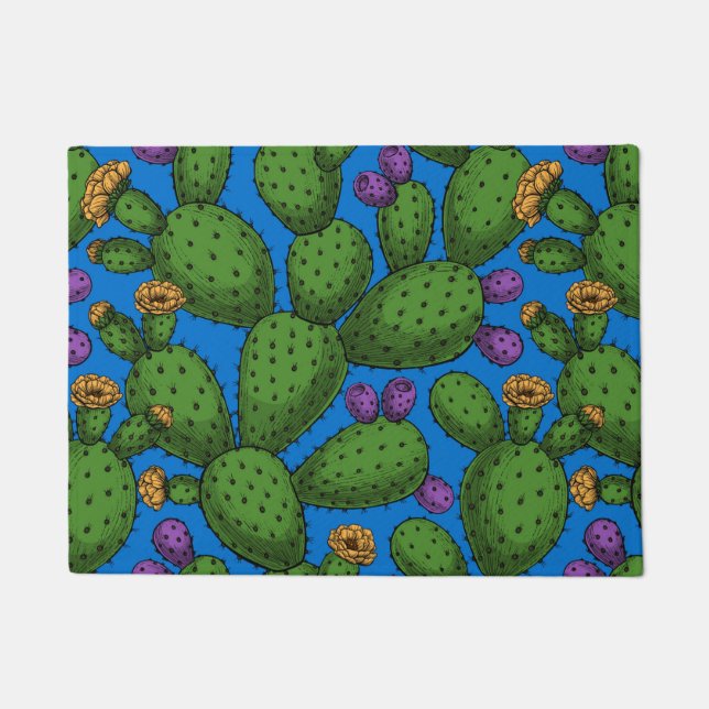 Paillasson Opuntie de floraison en bleu (Devant)