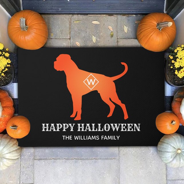 Paillasson Orange Boxer Dog Happy Halloween Nom de famille (Créateur téléchargé)
