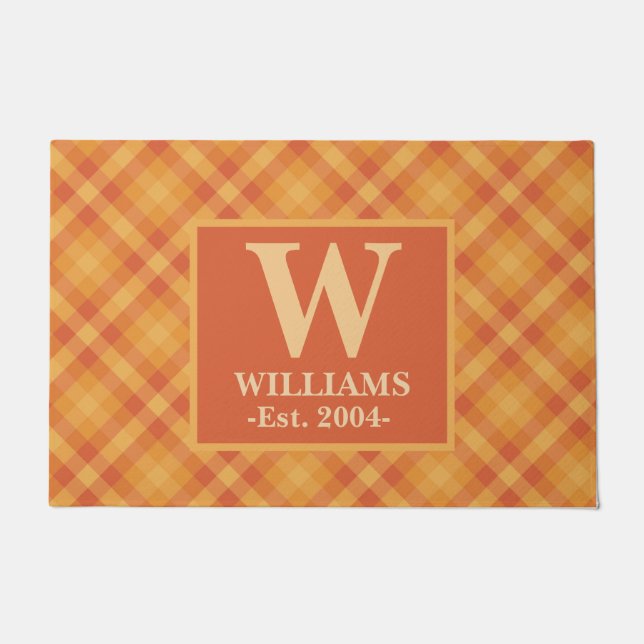 Paillasson Orange Plaid Automne AUTOMNE Monogramme Nom de fam (Devant)