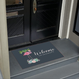 Paillasson Palmiers Flamants roses roses et succulents florau