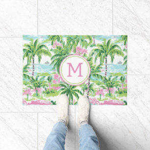 Paillasson Palmiers tropicaux rose et vert de Preppy Monogram