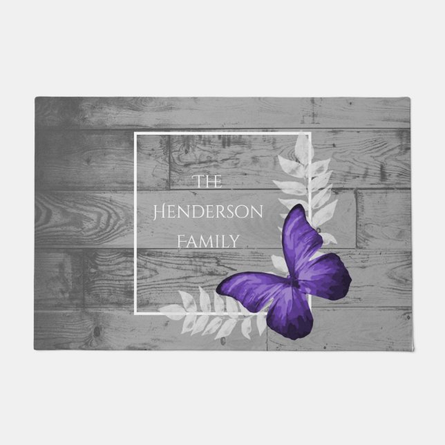 Paillasson Papillon violet Rustique mat de porte personnalisé (Devant)